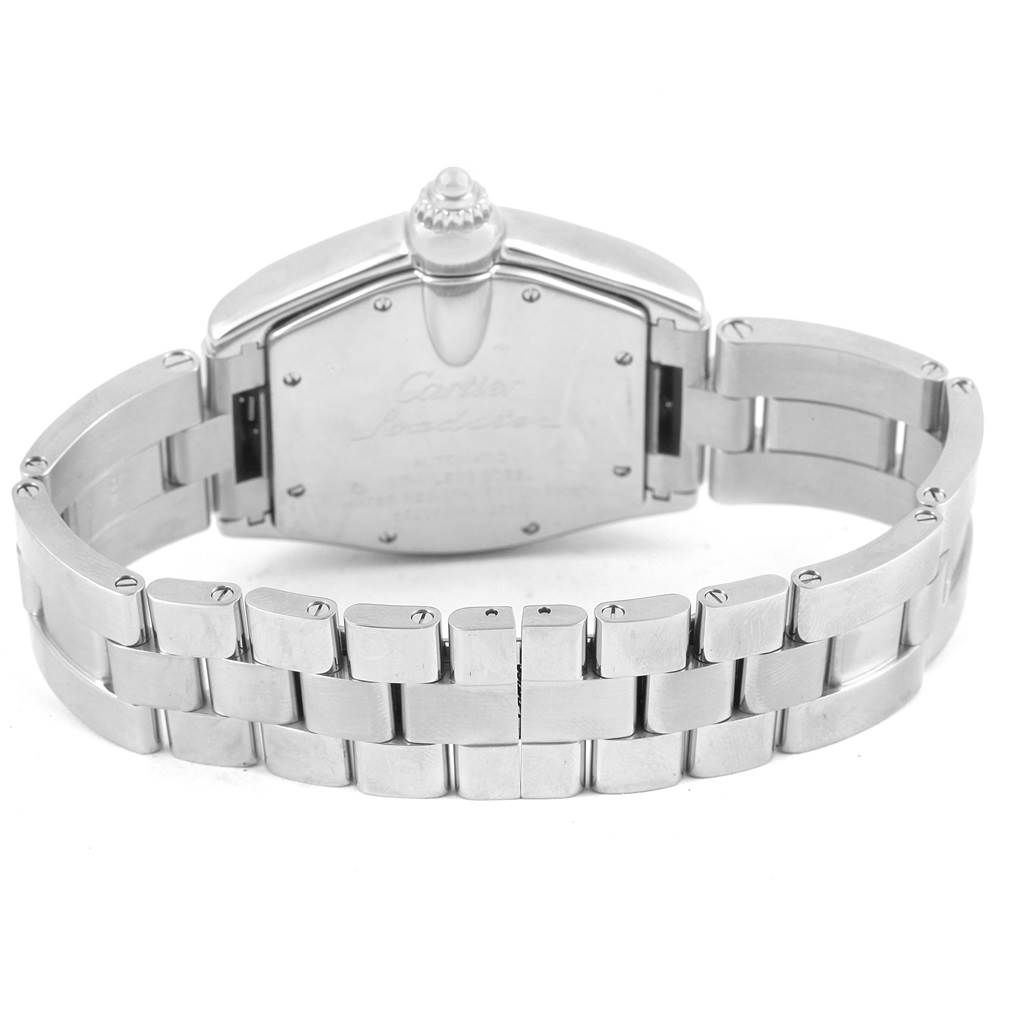 The image shows the back view of a Cartier Roadster W62048V3 Men's Stainless Steel Blue Dial W62048V3 Men's Stainless Steel Blue Dial watch, including its case back and metal bracelet.