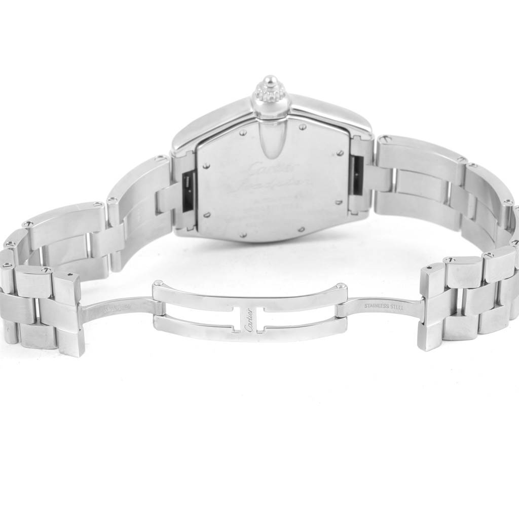 The image shows the back angle of a Cartier Roadster W62048V3 Men's Stainless Steel Blue Dial W62048V3 Men's Stainless Steel Blue Dial watch, highlighting its stainless steel bracelet and clasp.