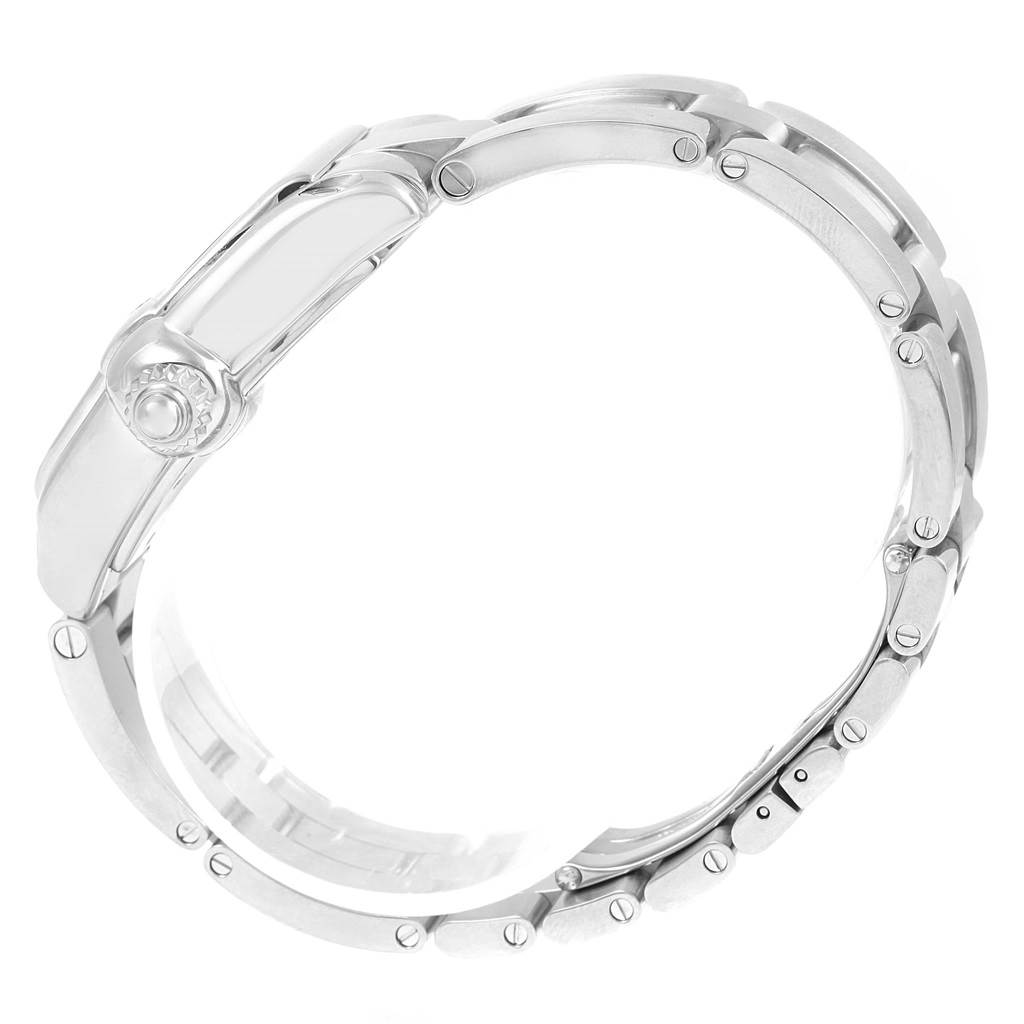 This image shows a side view of the stainless steel bracelet of the Cartier Roadster W62048V3 Men's Stainless Steel Blue Dial W62048V3 Men's Stainless Steel Blue Dial watch, displaying its links and clasp.