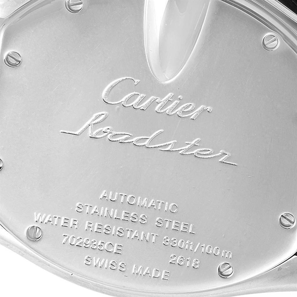 This image shows the engraved back of the Cartier Roadster W62019X6 Men's Stainless Steel Silver Dial W62019X6 Men's Stainless Steel Silver Dial watch at a close-up angle.