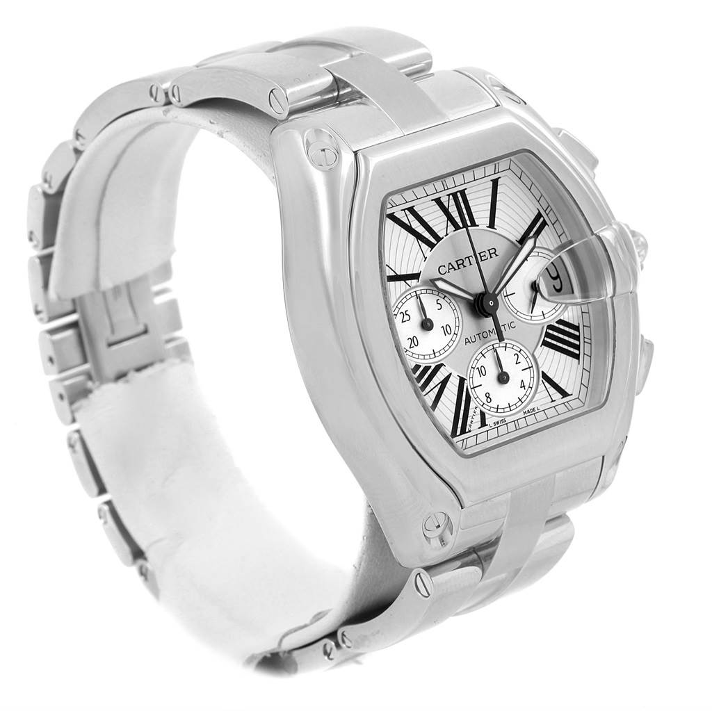 The Cartier Roadster W62019X6 Men's Stainless Steel Silver Dial W62019X6 Men's Stainless Steel Silver Dial watch is shown at a three-quarter angle, highlighting its face, bezel, and bracelet.