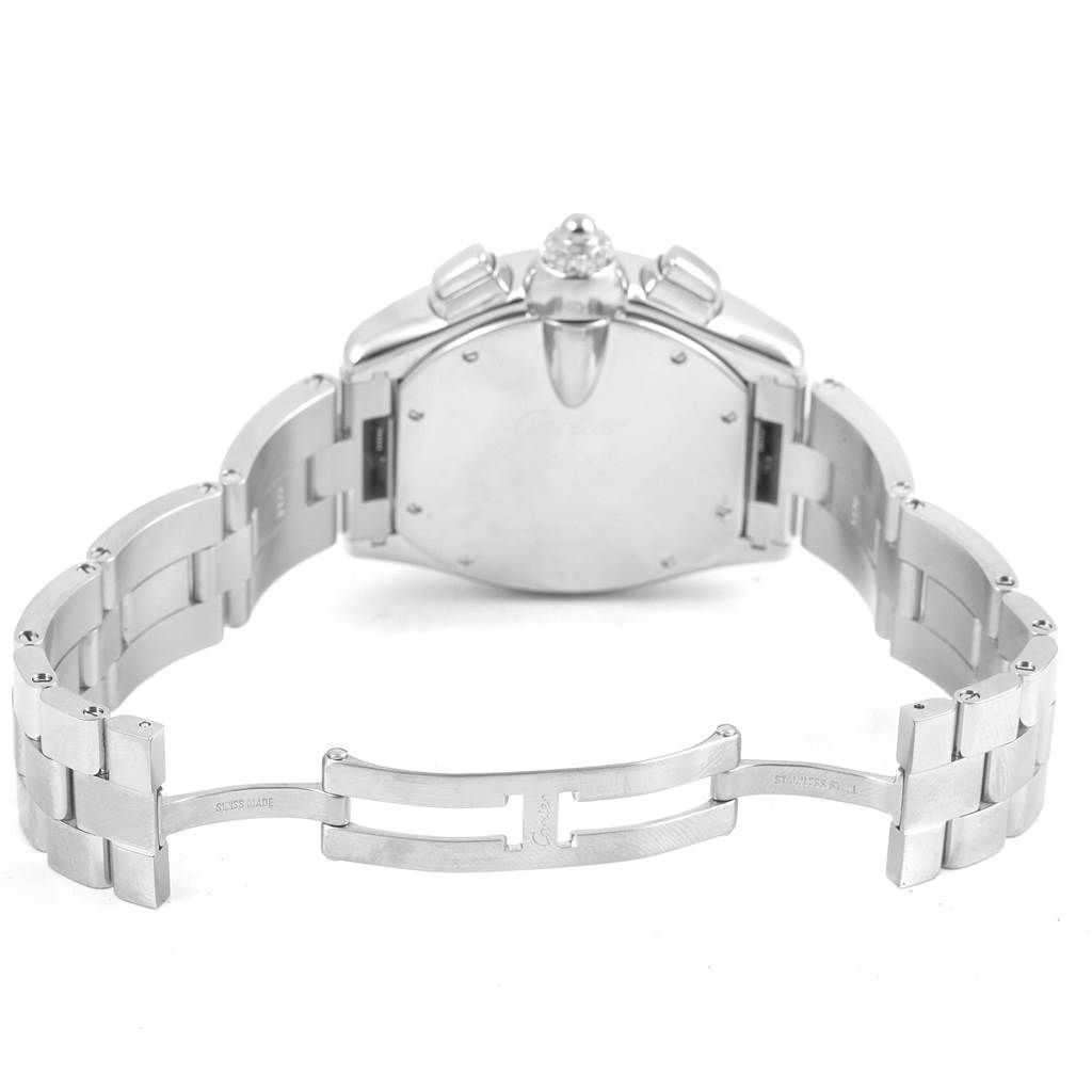 This image shows the back and partially open stainless steel bracelet of a Cartier Roadster W62019X6 Men's Stainless Steel Silver Dial W62019X6 Men's Stainless Steel Silver Dial watch.