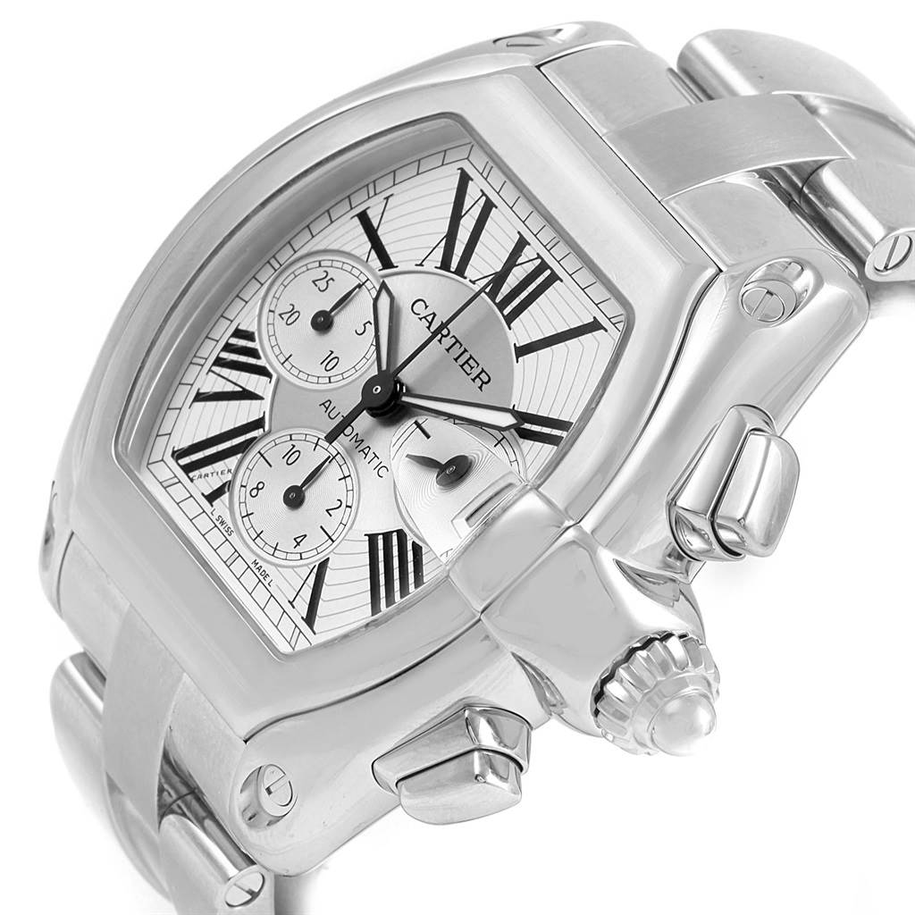 The image shows a close-up angle of the Cartier Roadster W62019X6 Men's Stainless Steel Silver Dial W62019X6 Men's Stainless Steel Silver Dial watch, highlighting the dial, crown, pushers, and bracelet.