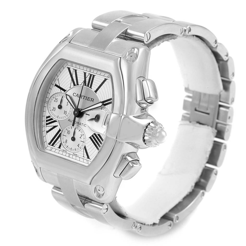 The image shows a side angle of the Cartier Roadster W62019X6 Men's Stainless Steel Silver Dial W62019X6 Men's Stainless Steel Silver Dial watch, highlighting its face, case, crown, and stainless steel bracelet.
