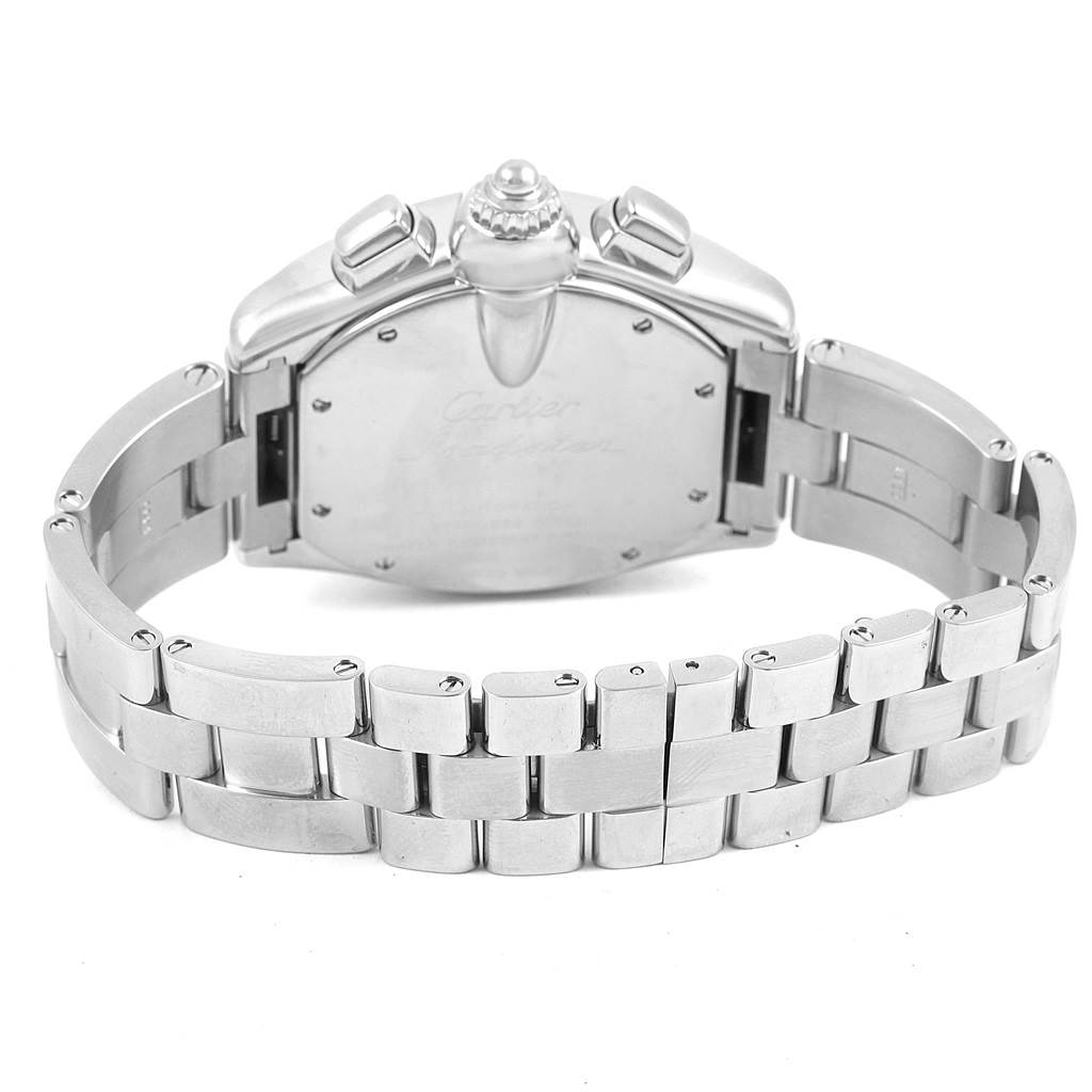The image shows the back case and bracelet of a Cartier Roadster W62019X6 Men's Stainless Steel Silver Dial W62019X6 Men's Stainless Steel Silver Dial watch from a rear angle.