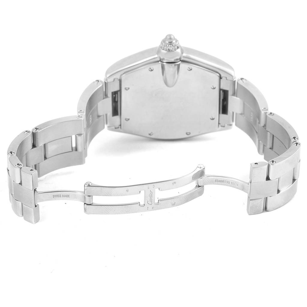 The image shows a rear view of the Cartier Roadster W62025V3 Men's Stainless Steel Silver Dial W62025V3 Men's Stainless Steel Silver Dial watch with an open, stainless steel bracelet and visible clasp.