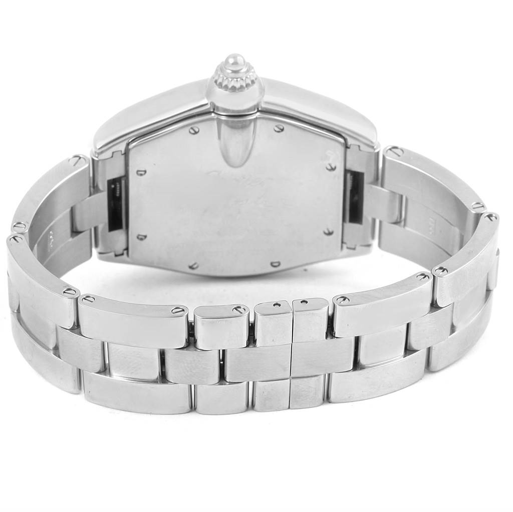 The image shows the back case and bracelet of a Cartier Roadster W62025V3 Men's Stainless Steel Silver Dial W62025V3 Men's Stainless Steel Silver Dial watch from a rear angle.