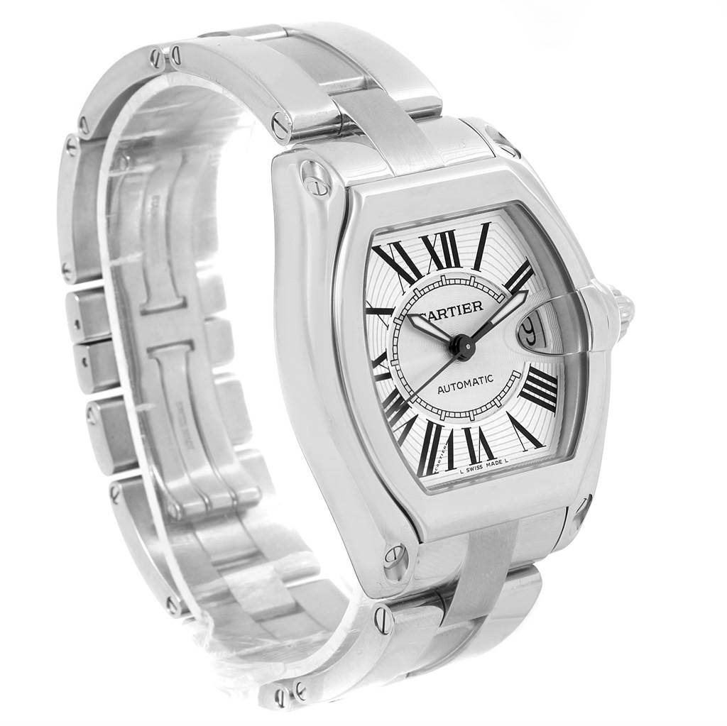 The Cartier Roadster W62025V3 Men's Stainless Steel Silver Dial W62025V3 Men's Stainless Steel Silver Dial watch is shown at a 3/4 front angle, displaying its dial, bezel, and metal bracelet.