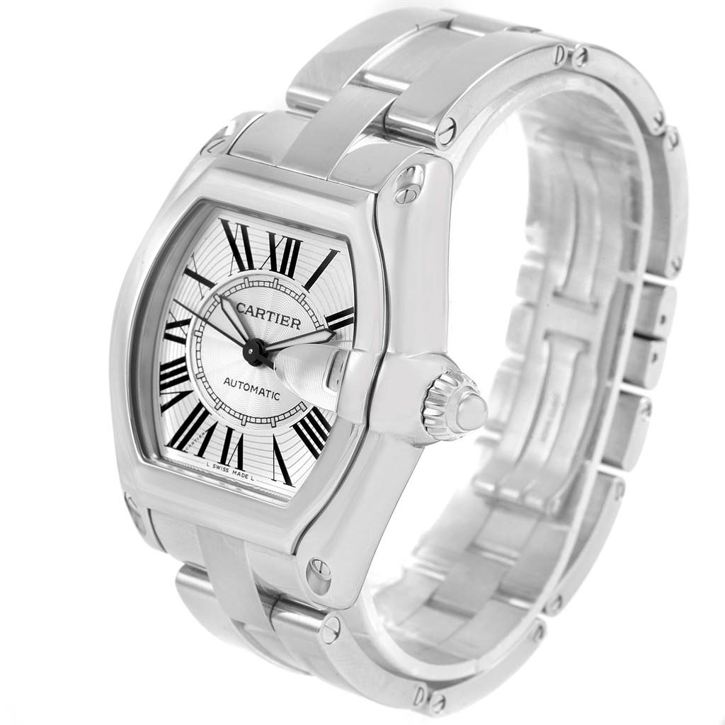 The Cartier Roadster W62025V3 Men's Stainless Steel Silver Dial W62025V3 Men's Stainless Steel Silver Dial watch is shown from a three-quarter view, displaying the face, crown, and part of the bracelet.