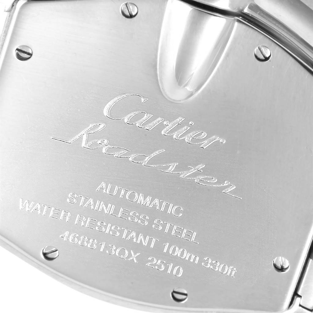 The image shows the back case of a Cartier Roadster W62025V3 Men's Stainless Steel Silver Dial W62025V3 Men's Stainless Steel Silver Dial watch, displaying its specifications and branding.