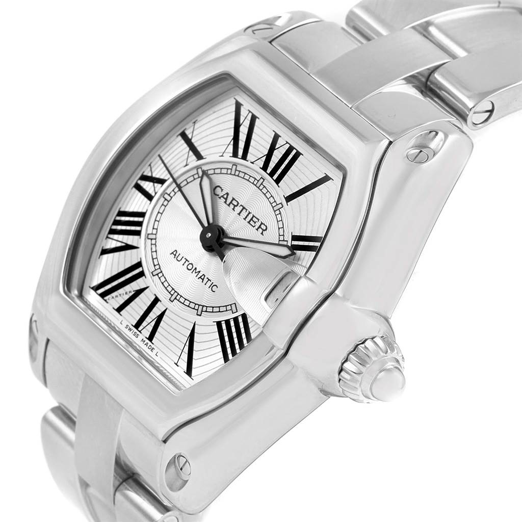 The image shows a close-up view of the Cartier Roadster W62025V3 Men's Stainless Steel Silver Dial W62025V3 Men's Stainless Steel Silver Dial watch face, crown, and partial band.