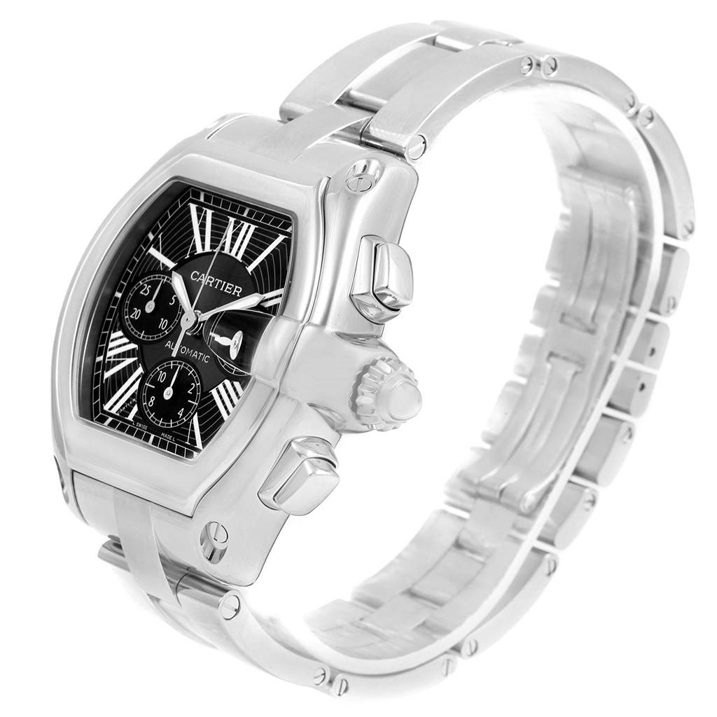 This image shows a Cartier Roadster W62020X6 Men's Stainless Steel Black Dial W62020X6 Men's Stainless Steel Black Dial watch at a three-quarter angle, highlighting the case, dial, crown, and bracelet.