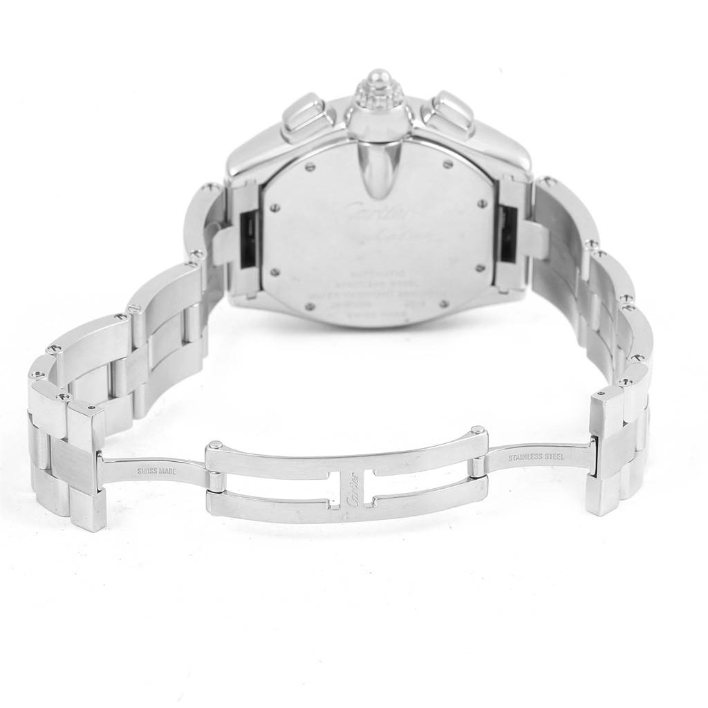 This image shows the back view of the Cartier Roadster W62020X6 Men's Stainless Steel Black Dial W62020X6 Men's Stainless Steel Black Dial watch, highlighting its stainless steel bracelet and clasp.