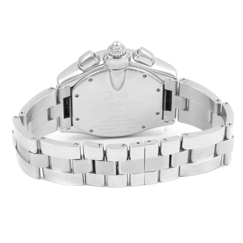 The image shows the back view of a Cartier Roadster W62020X6 Men's Stainless Steel Black Dial W62020X6 Men's Stainless Steel Black Dial watch, highlighting the bracelet and the case back.