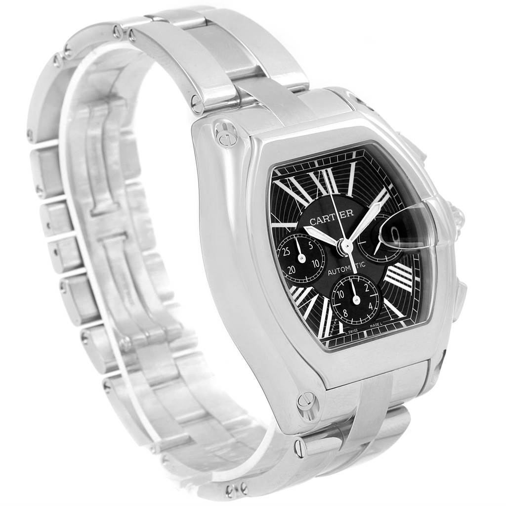 The image shows a Cartier Roadster W62020X6 Men's Stainless Steel Black Dial W62020X6 Men's Stainless Steel Black Dial watch featuring its dial, case, crown, and stainless steel bracelet from a side angle.