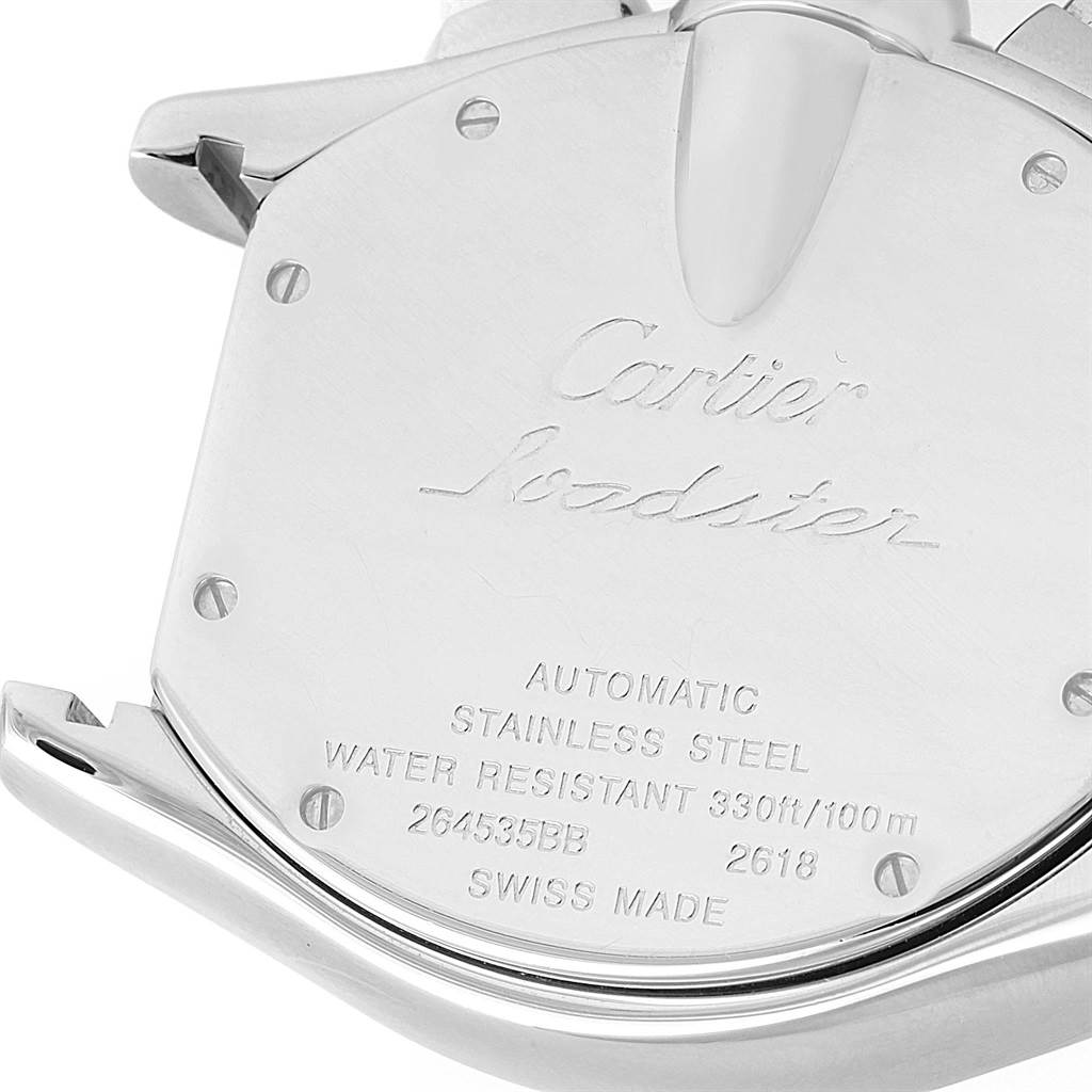 This image shows the back case of the Cartier Roadster W62020X6 Men's Stainless Steel Black Dial W62020X6 Men's Stainless Steel Black Dial watch, highlighting its inscriptions and specifications.