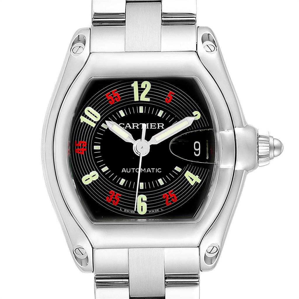 The image shows a front view of a Cartier Roadster W62002V3 Men's Stainless Steel Black Dial W62002V3 Men's Stainless Steel Black Dial watch, highlighting its dial, case, and bracelet.