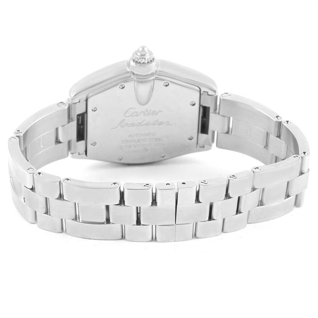 The image shows the back view of a Cartier Roadster W62002V3 Men's Stainless Steel Black Dial W62002V3 Men's Stainless Steel Black Dial watch, focusing on the case back and metal bracelet.