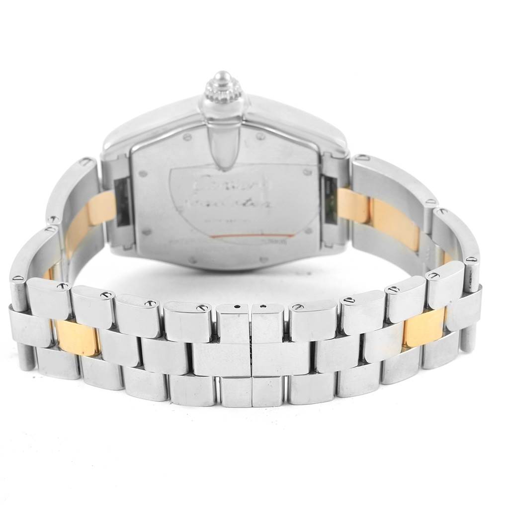 The image shows the back view of a Cartier Roadster W62031Y4 Men's Steel and Gold (two tone) Silver Dial W62031Y4 Men's Steel and Gold (two tone) Silver Dial watch, focusing on the clasp and bracelet.