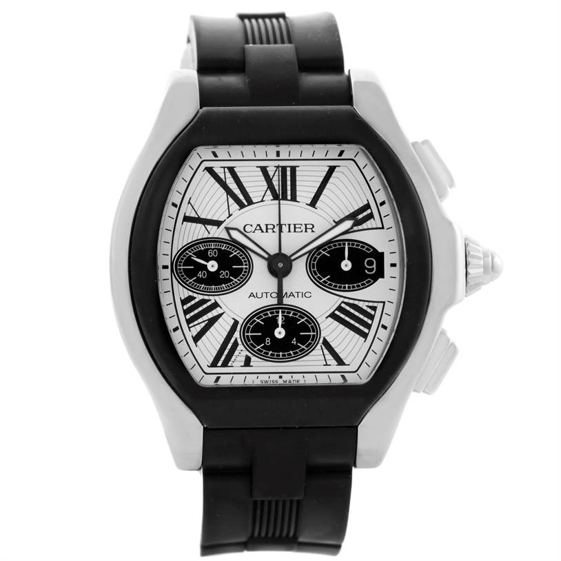 The image shows a Cartier Roadster W6206020 Men's Stainless Steel Silver Dial W6206020 Men's Stainless Steel Silver Dial watch from a front angle, displaying the face, bezel, and part of the strap.