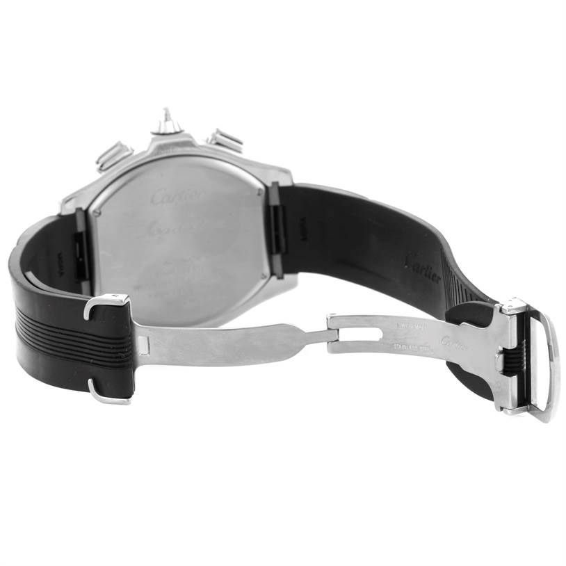 The image shows the back of the Cartier Roadster W6206020 Men's Stainless Steel Silver Dial W6206020 Men's Stainless Steel Silver Dial watch with its open clasp and rubber strap.