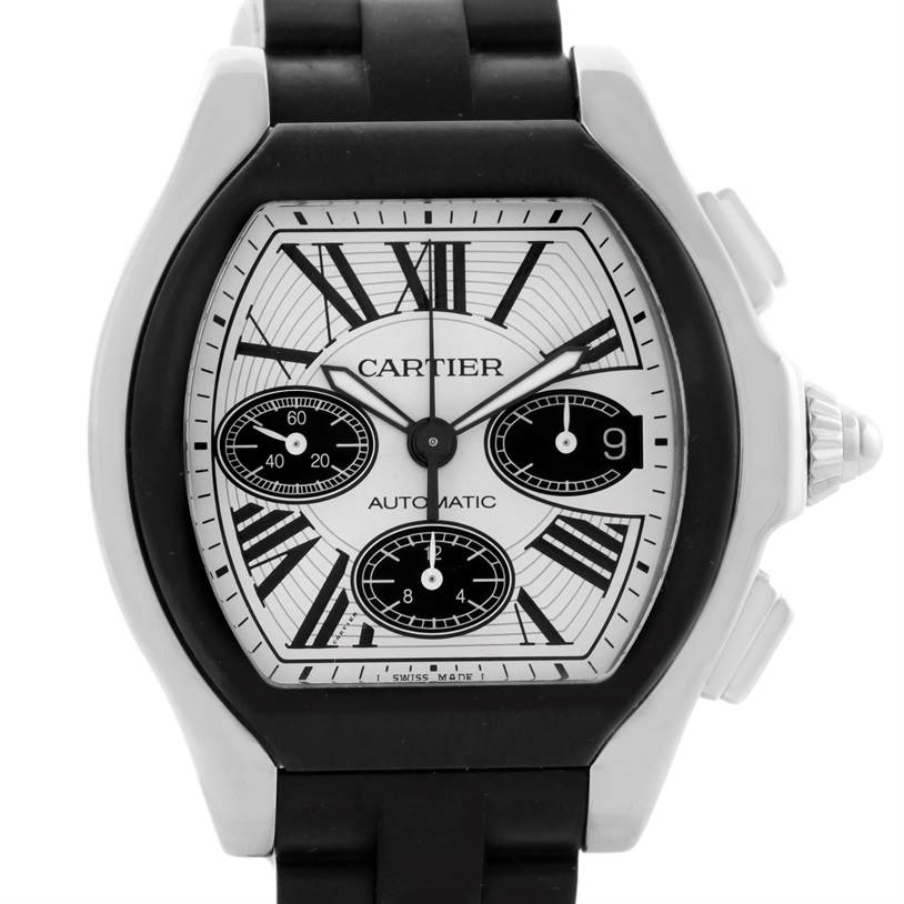 The image shows a front view of the Cartier Roadster W6206020 Men's Stainless Steel Silver Dial W6206020 Men's Stainless Steel Silver Dial watch, highlighting its dial, bezel, crown, and black rubber strap.