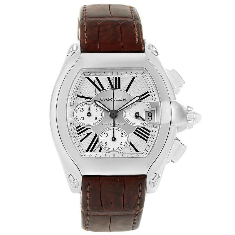Cartier Roadster Chronograph Silver Dial Brown Strap Watch W62019X6 SwissWatchExpo