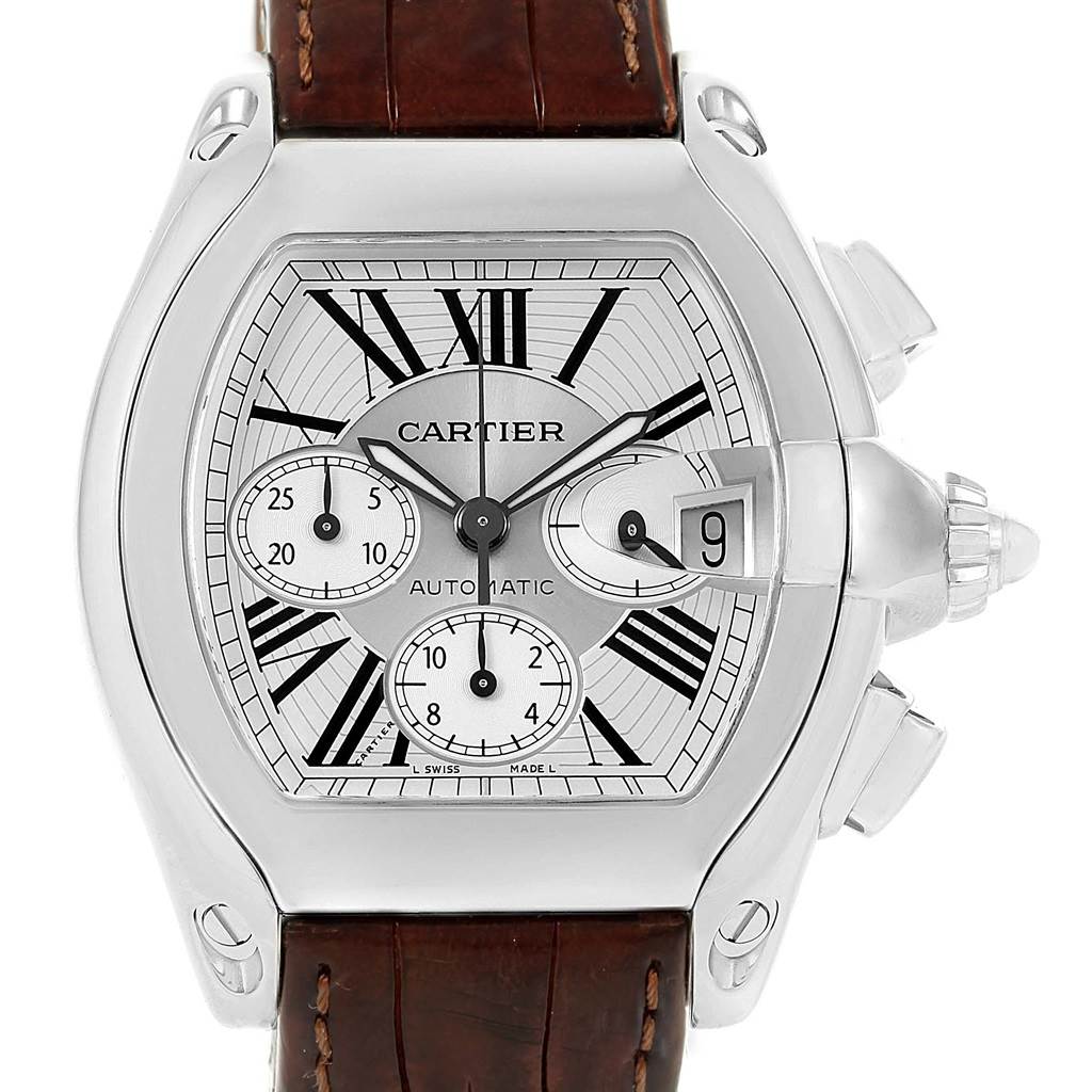 This is a frontal view of the Cartier Roadster W62019X6 Men's Stainless Steel Silver Dial W62019X6 Men's Stainless Steel Silver Dial watch, showing its dial, case, crown, subdials, and brown leather strap.
