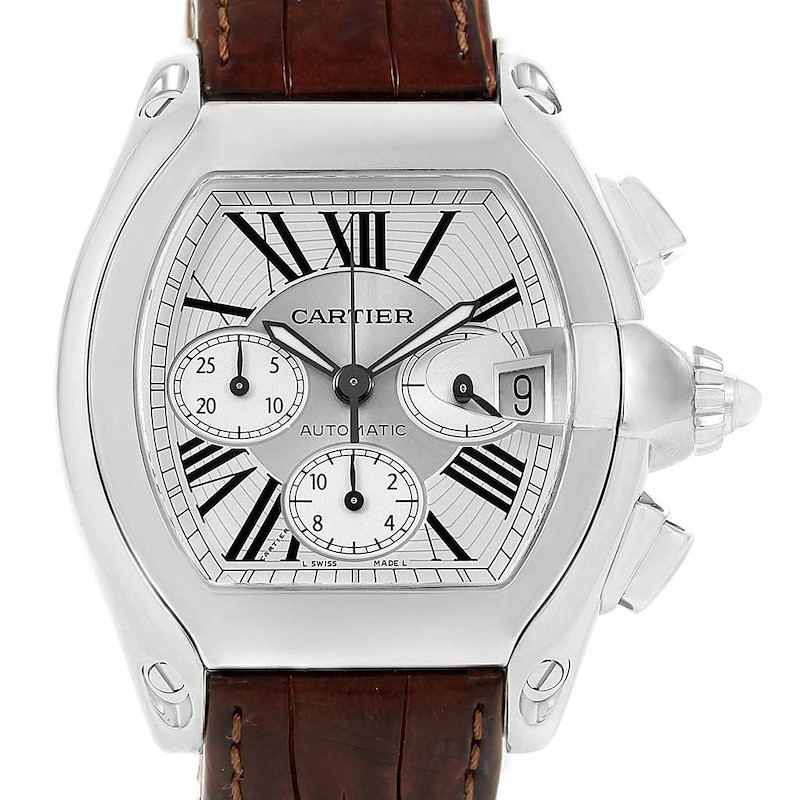 Cartier Roadster Chronograph Silver Dial Brown Strap Watch W62019X6 SwissWatchExpo