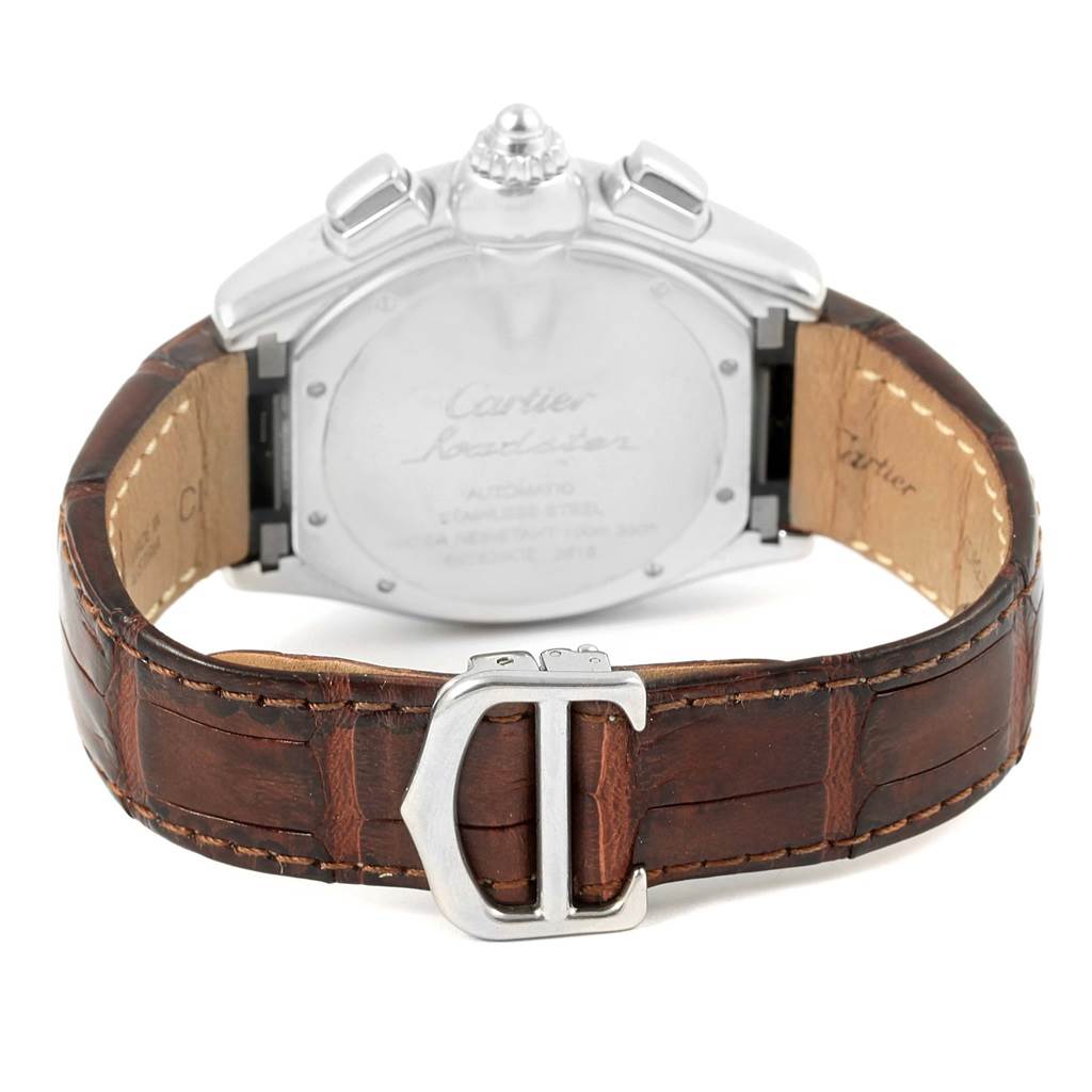 The photo shows the back view of a Cartier Roadster W62019X6 Men's Stainless Steel Silver Dial W62019X6 Men's Stainless Steel Silver Dial watch, highlighting the case back, strap, and clasp.