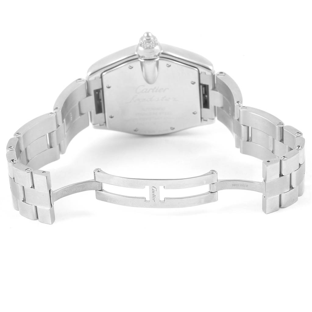 This image shows the back view of a Cartier Roadster W62048V3 Men
s Stainless Steel Blue Dial W62048V3 Men
s Stainless Steel Blue Dial watch, highlighting the bracelet and deployment clasp.