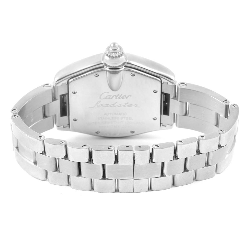 The image shows the back view of the Cartier Roadster W62048V3 Men
s Stainless Steel Blue Dial W62048V3 Men
s Stainless Steel Blue Dial watch, focusing on the stainless steel bracelet and case back.