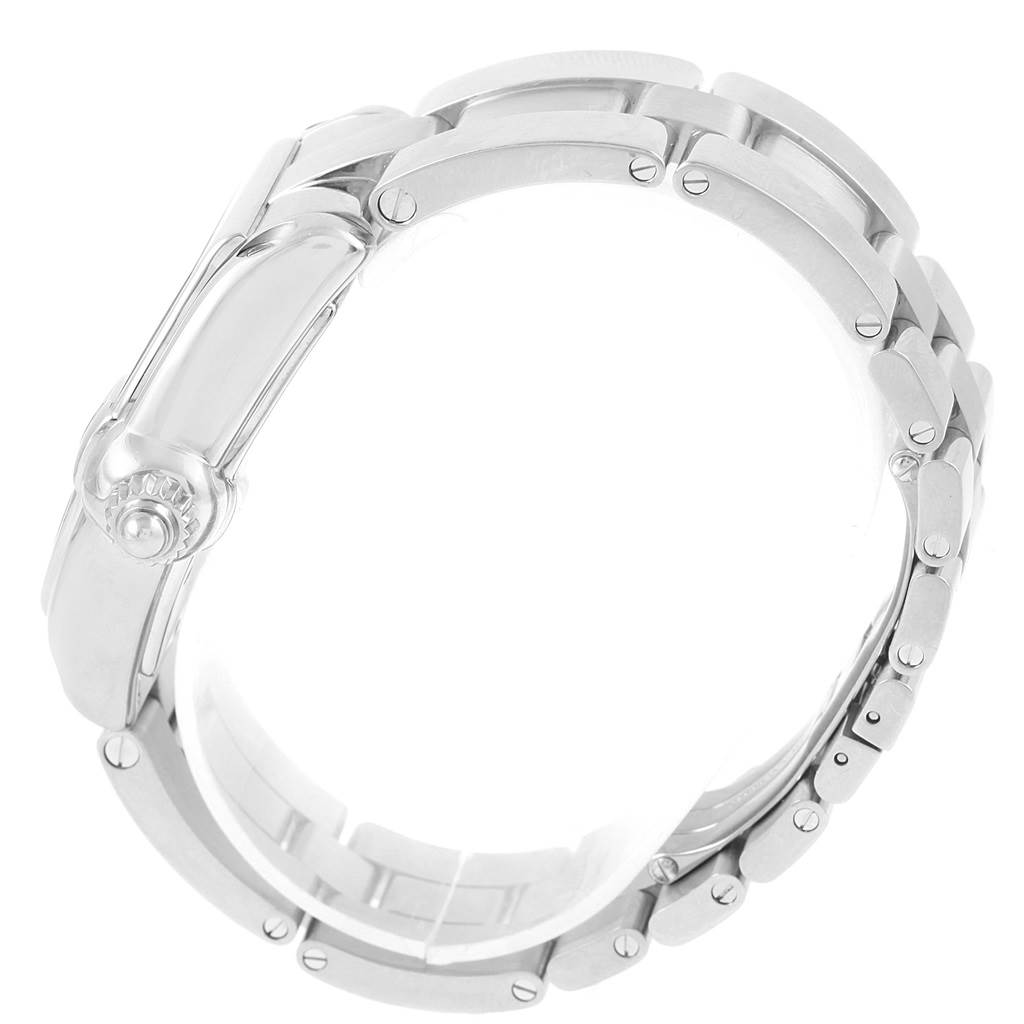 This is a side view of the Cartier Roadster W62048V3 Men
s Stainless Steel Blue Dial W62048V3 Men
s Stainless Steel Blue Dial watch showcasing the bracelet and crown.