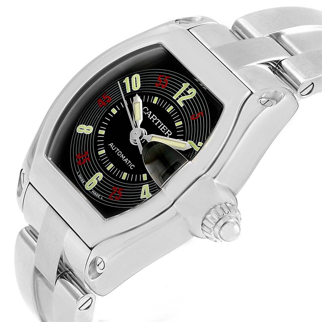 This image shows a Cartier Roadster W62002V3 Men's Stainless Steel Black Dial W62002V3 Men's Stainless Steel Black Dial watch angled to display the face, bezel, crown, and part of the stainless steel bracelet.