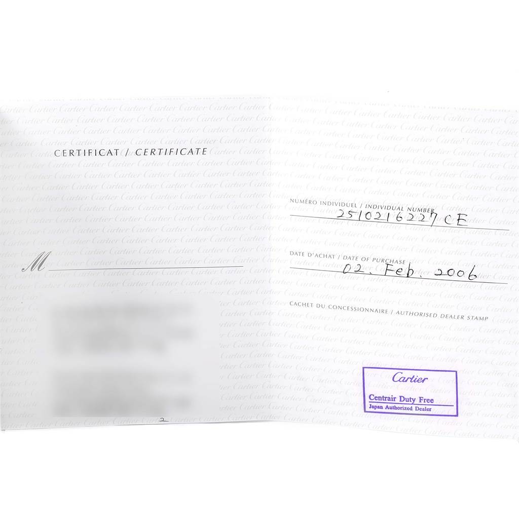 This image shows the certificate of a Cartier Roadster W62002V3 Men's Stainless Steel Black Dial W62002V3 Men's Stainless Steel Black Dial watch, including the individual number, purchase date, and dealer stamp.