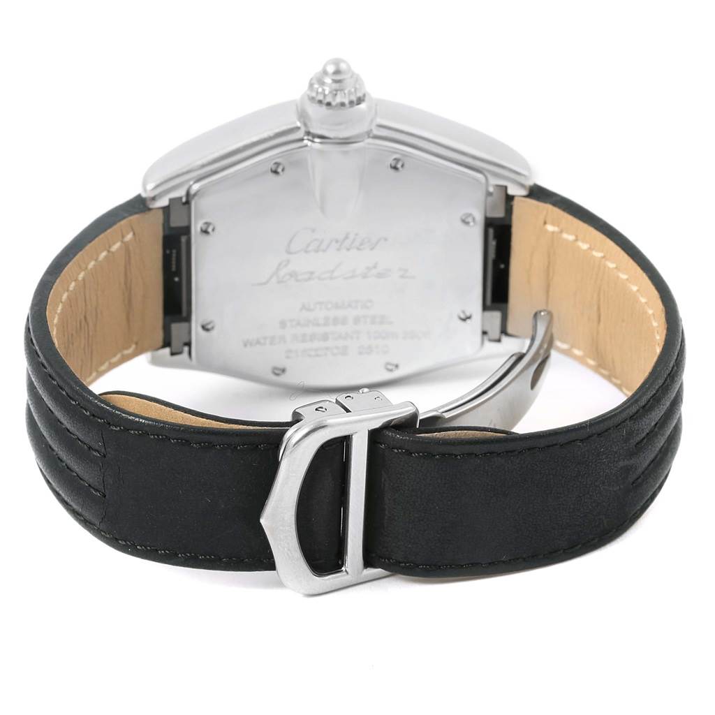 The image shows the back view of a Cartier Roadster W62002V3 Men's Stainless Steel Black Dial W62002V3 Men's Stainless Steel Black Dial watch, highlighting its strap and buckle.