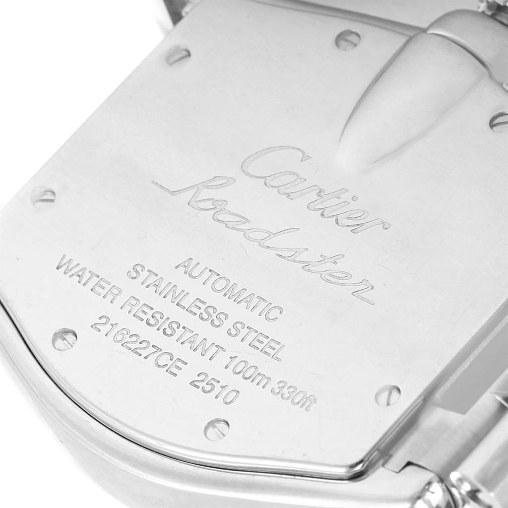 The image shows the back case of a Cartier Roadster W62002V3 Men's Stainless Steel Black Dial W62002V3 Men's Stainless Steel Black Dial watch, displaying the brand, model, and specifications.