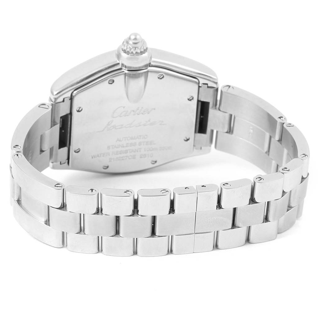 This image shows the back side of the Cartier Roadster W62002V3 Men's Stainless Steel Black Dial W62002V3 Men's Stainless Steel Black Dial watch, highlighting the stainless steel case and bracelet.