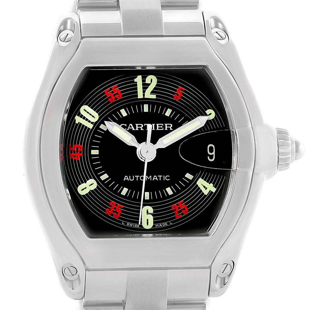 The image shows a frontal view of a Cartier Roadster W62002V3 Men's Stainless Steel Black Dial W62002V3 Men's Stainless Steel Black Dial watch, highlighting the dial, case, and part of the bracelet.