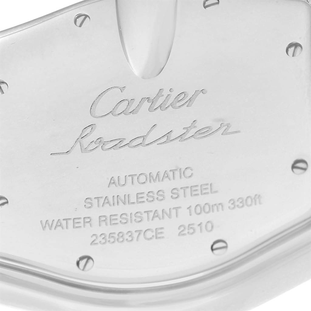 The image shows the back case of a Cartier Roadster W62025V3 Men's Stainless Steel Silver Dial W62025V3 Men's Stainless Steel Silver Dial watch, highlighting its engravings and specifications.