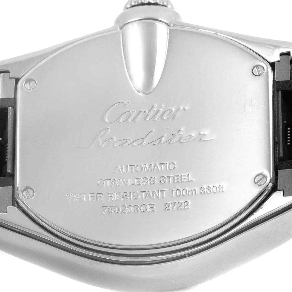 The image shows the back case of a Cartier Roadster W62032X6 Men's Stainless Steel Silver Dial W62032X6 Men's Stainless Steel Silver Dial watch, highlighting its stainless steel material and other specifications.