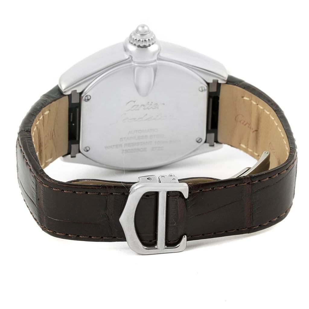 This image shows the back view of the Cartier Roadster W62032X6 Men's Stainless Steel Silver Dial W62032X6 Men's Stainless Steel Silver Dial watch, highlighting the caseback and leather strap with buckle.