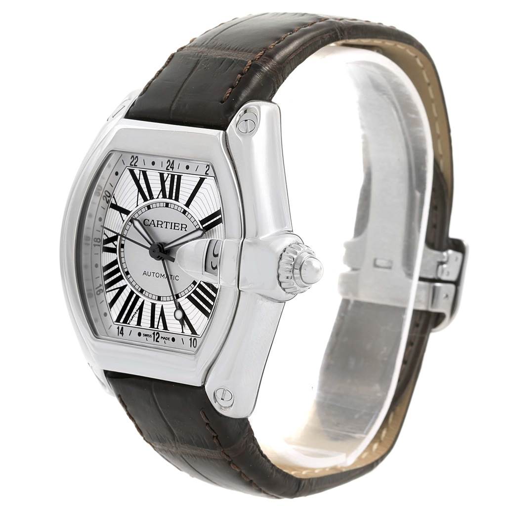 The Cartier Roadster W62032X6 Men's Stainless Steel Silver Dial W62032X6 Men's Stainless Steel Silver Dial watch is shown at a three-quarter angle displaying the face, bezel, crown, and leather strap.