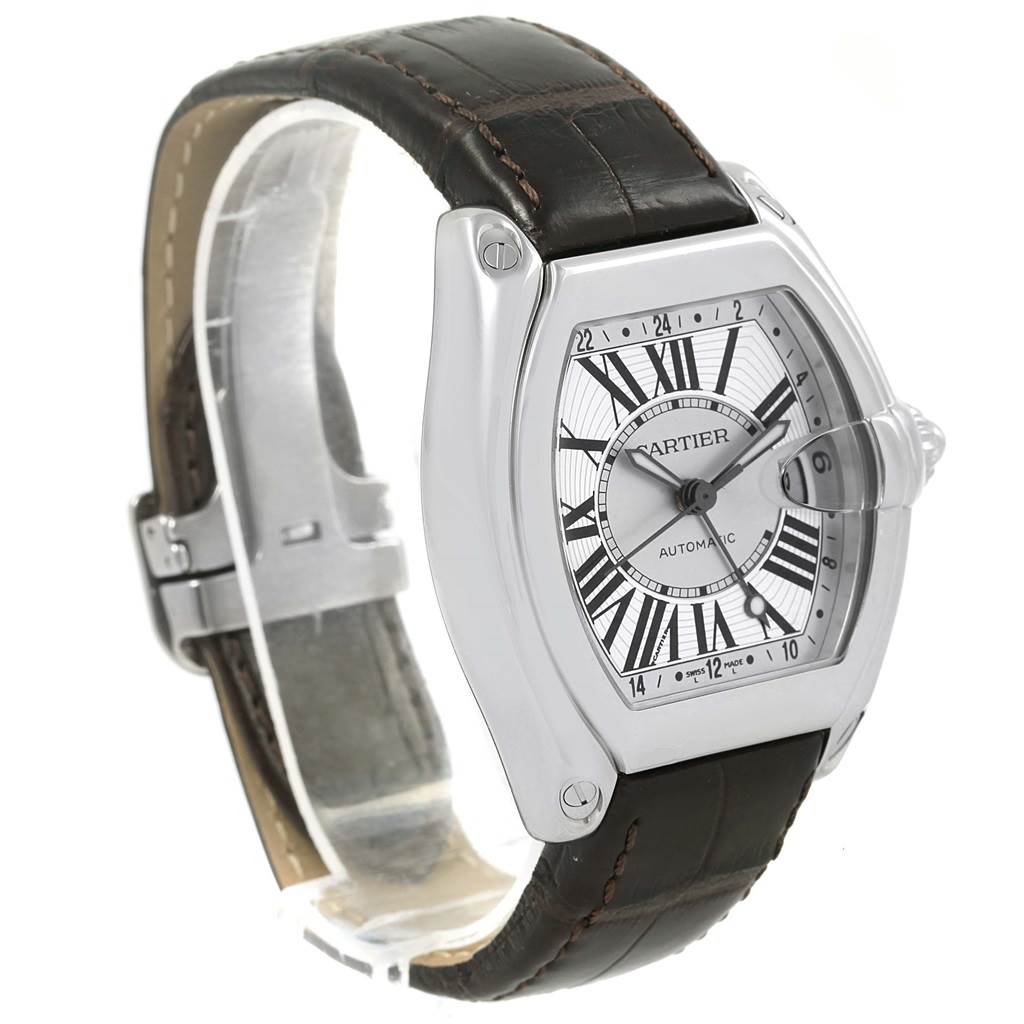 The image shows the Cartier Roadster W62032X6 Men's Stainless Steel Silver Dial W62032X6 Men's Stainless Steel Silver Dial watch at a three-quarter angle, highlighting the watch face, bezel, and leather strap.
