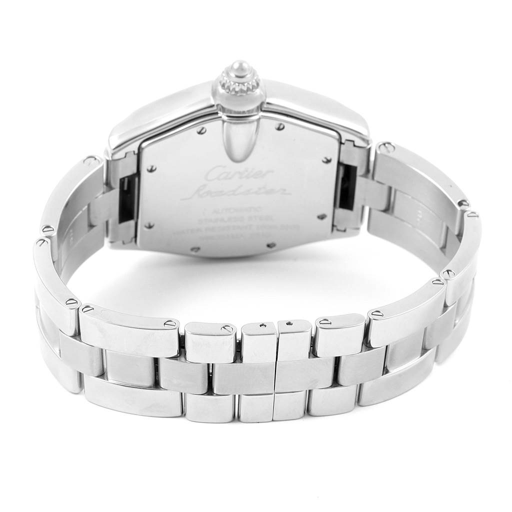 The image shows the back case and bracelet of a Cartier Roadster W62048V3 Men's Stainless Steel Blue Dial W62048V3 Men's Stainless Steel Blue Dial watch from a rear angle.