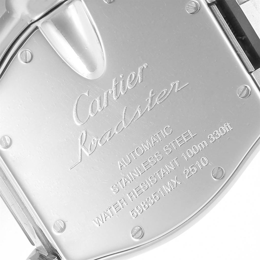 This image shows the case back of a Cartier Roadster W62048V3 Men's Stainless Steel Blue Dial W62048V3 Men's Stainless Steel Blue Dial watch, highlighting its specifications and engravings.