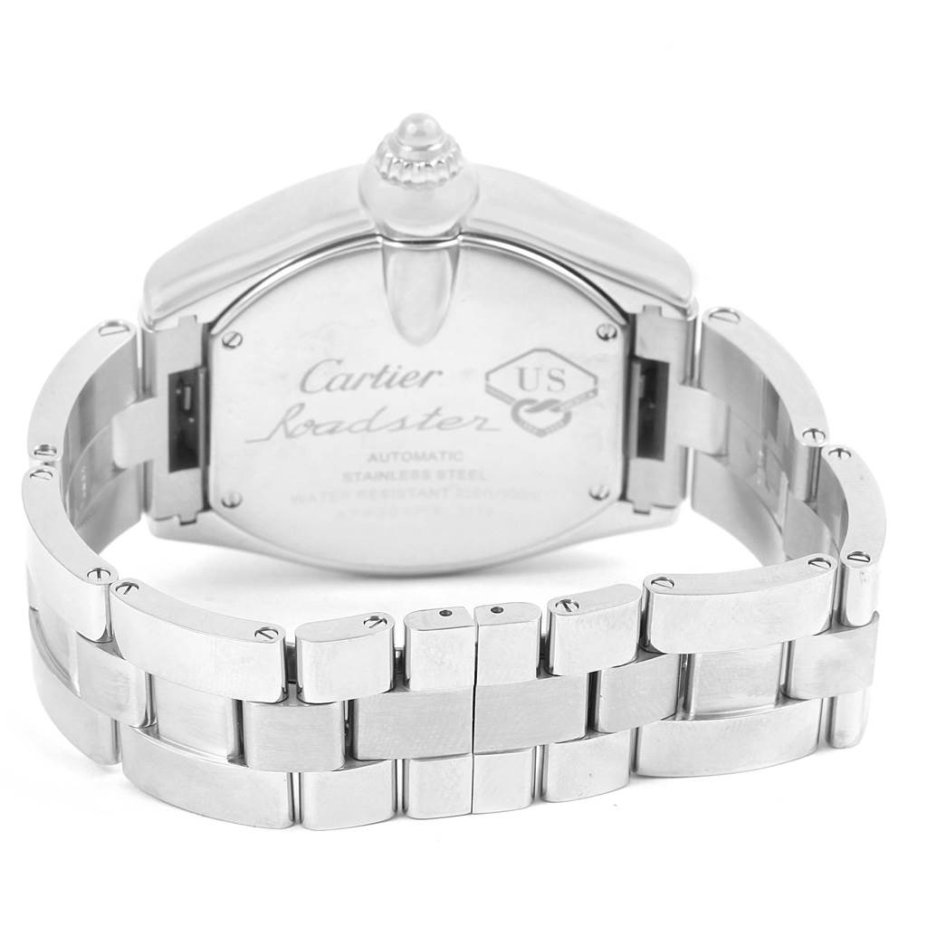 This image shows the back case and stainless steel bracelet of a Cartier Roadster W6206012 Men
s Stainless Steel Blue Dial W6206012 Men
s Stainless Steel Blue Dial watch, viewed from the back.