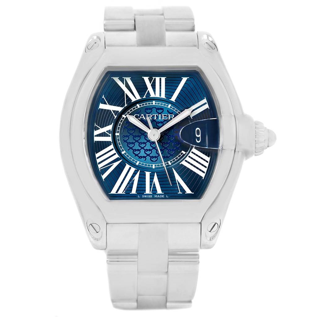 The image shows a Cartier Roadster W6206012 Men
s Stainless Steel Blue Dial W6206012 Men
s Stainless Steel Blue Dial watch from a front view, highlighting its bezel, dial, hands, and bracelet.