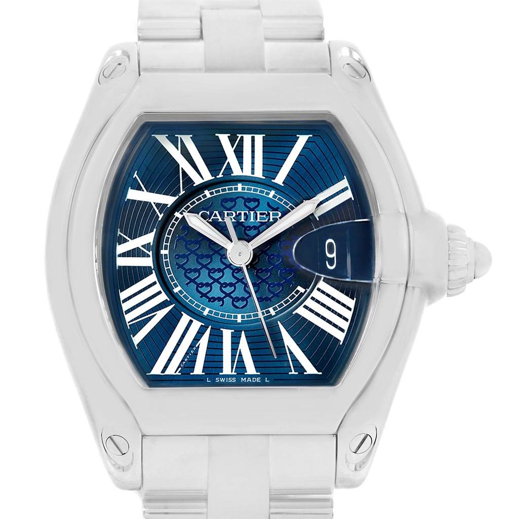 This image shows a front view of the Cartier Roadster W6206012 Men
s Stainless Steel Blue Dial W6206012 Men
s Stainless Steel Blue Dial watch, highlighting its blue dial, Roman numerals, and stainless steel bracelet.