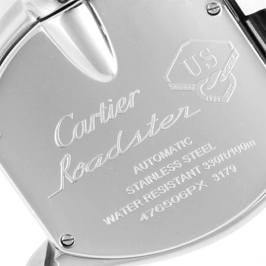 This image shows the back case of a Cartier Roadster W6206012 Men
s Stainless Steel Blue Dial W6206012 Men
s Stainless Steel Blue Dial watch, highlighting its engravings and specifications.